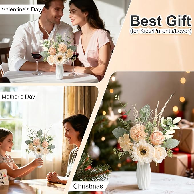 Small 11.8" Artificial Flowers in Ceramic Vase - Champagne Silk Flower Centerpiece for Dining Table, Office, Wedding & Farmhouse, Home Decor Gifts