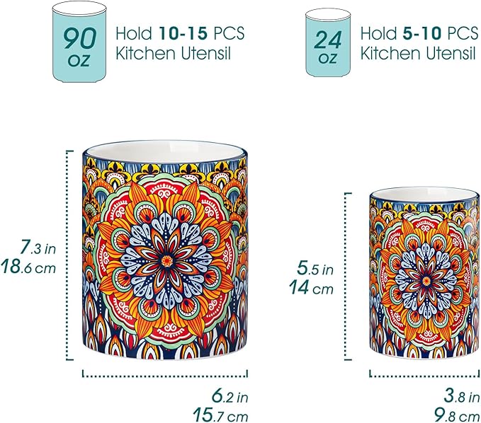 vancasso SIMI Utensil Holder, 7.3"+5.5" Porcelain Kitchen Utensil Holder for Countertop, Bohemian Kitchen Utensil Organizer for Spatulas, Spoons, Ladles, Decorative Counter Utensil Crock, Regal Bloom