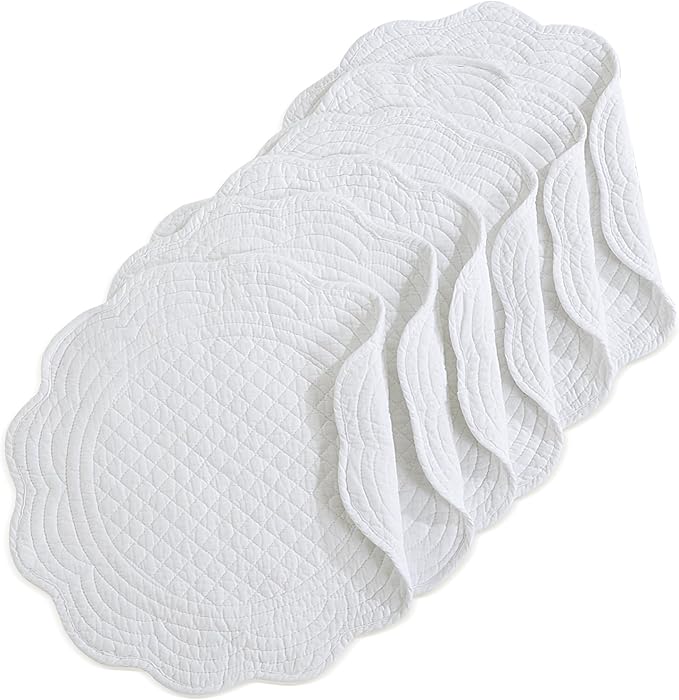 HOMBYS Quilted Placemats Set of 6 Washable Round Placemats for Kitchen Table-100% Cotton Fabric 14 Inch Round Table Mats, Cotton Fabric with Microfiber Filling, (14"x14", Pure White)