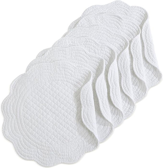 HOMBYS Quilted Placemats Set of 6 Washable Round Placemats for Kitchen Table-100% Cotton Fabric 14 Inch Round Table Mats, Cotton Fabric with Microfiber Filling, (14"x14", Pure White)