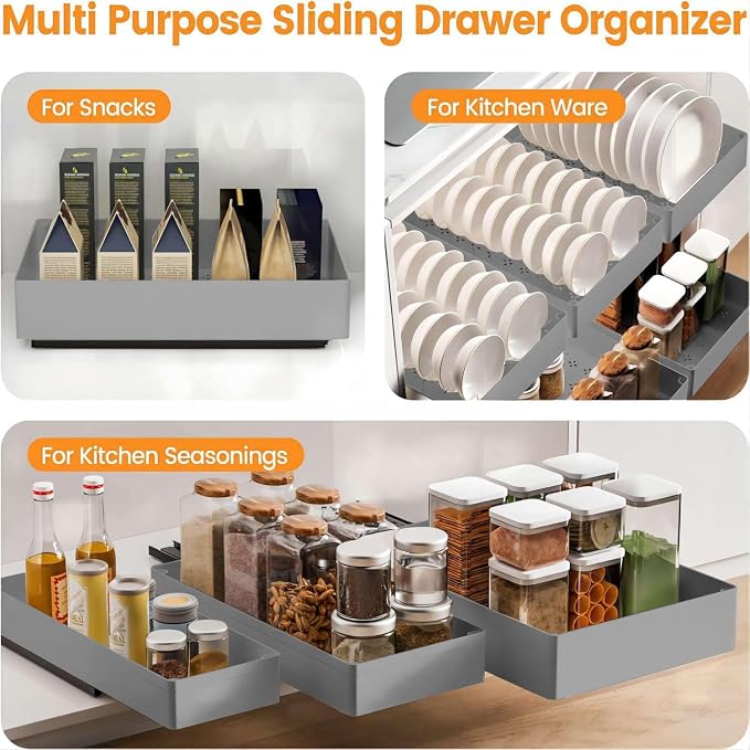 15.75'' D Adhesive Pull Out Drawers for Cabinets,No Drill Pull Out Drawers with Raising Pad for Framed & Frameless Cabinet,Adjustable Expandable Pullout Cabinet Organizer for Kitchen,Bathroom, M Size