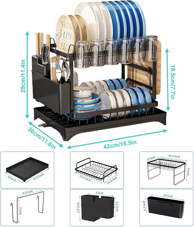 2 Tier Dish Drying Rack, Small Dish Rack for Kitchen Counter, Detachable Capacity Dish Drainer Organizer with Cutlery & Cup Holder (Black)