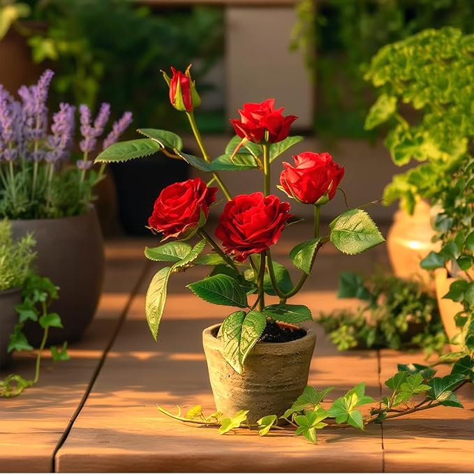 Rose in Pot Decor Potted Artificial Flowers Mini Plants Faux Flowers Indoor Small Decor Fake Roses for Home, Bathroom, Kitchen, Offices, Wedding Party Centerpieces (Rose Red)
