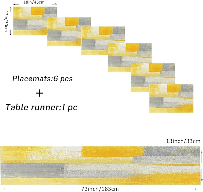 Emvency Yellow Abstract Table Runner and Placemats Set of 6, Modern Grey White Painting Art Dining Decor for Daily Use(1 Table Runner 72 inches Long and 6 Placemats)