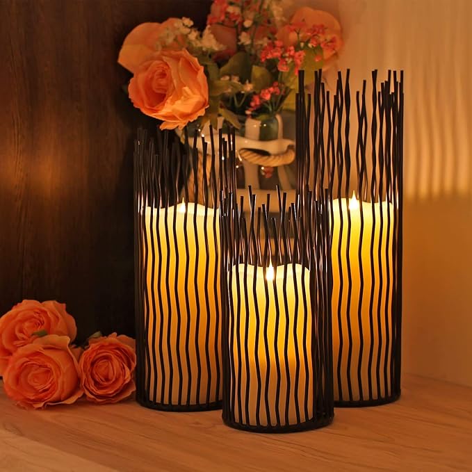 Candle Holders Set of 3 Black Metal Iron Pillar Candlestick Modern Indoor and Outdoor Candlestick Holders for Table Centerpiece Fireplace Mantel Decoration,Home,Party, Wedding,Dining Room Decor