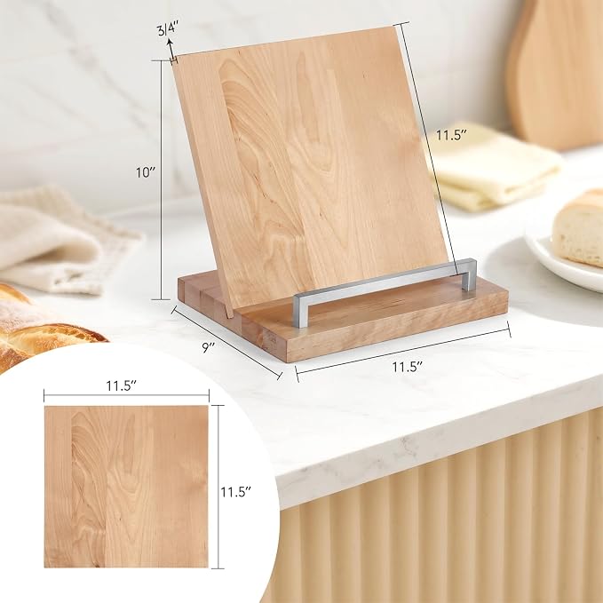 Cookbook Stand with Removable Cutting Board – Adjustable Recipe Book Holder, Charcuterie Board & Kitchen Serving Tray, Kitchen Counte Decor/Maple Wood/Silver