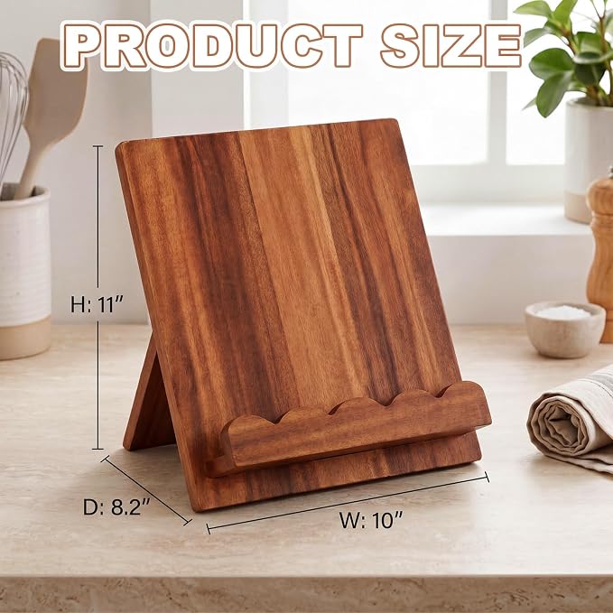 Mifoci Scalloped Acacia Wood Cookbook Stand, Recipe Book Pad Tablet Holder Stand for Kitchen Counter Decor