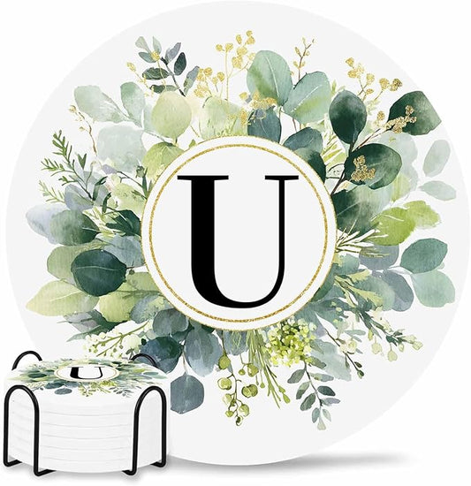 Coasters Set of 6 Letter U Drink Coasters with Holder Absorbent Stone Ceramic Cup Mat Alphabet Green Eucalyptus Leaves Coaster for Drinks Coffee Bar Office Kitchen Cafe Home Decor