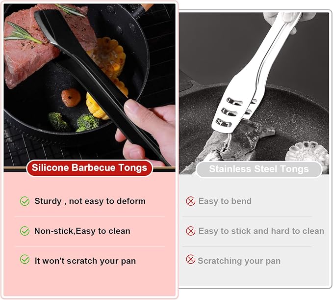 Silicone Kitchen Cooking Tongs, Premium Stainless Steel Silicone Barbecue Clamp, Multipurpose BBQ Clamp Spatula for Gripper Bread Clip, Fried Steak Clamp, Flipping Fish, Toast Salad Tongs（11 Inch）
