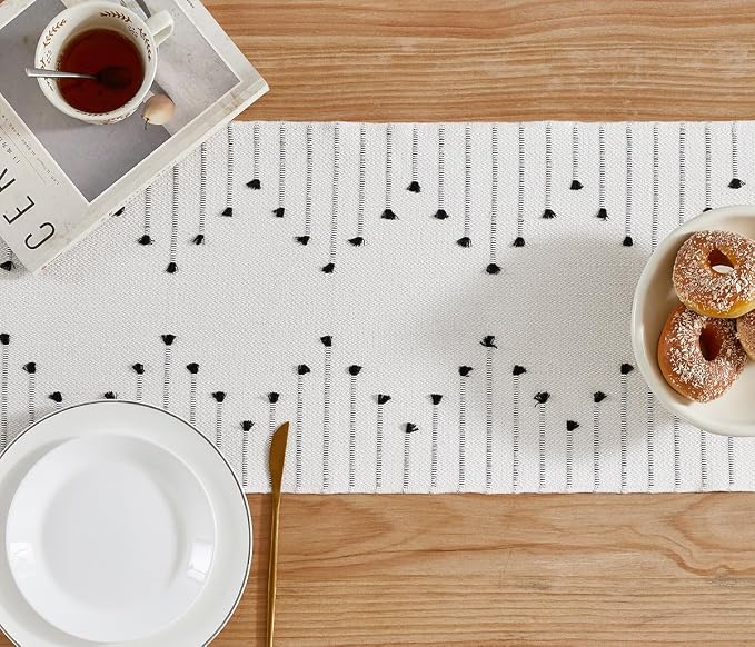 Wracra Boho Table Runner, Natural Cotton Woven Macrame Table Runners 60 Inches Long for Modern Farmhouse Woven Home Decor, 14x60 Inch, Black