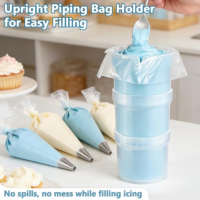 Pastry Piping Bag Holder Stand SET for Filling – Plastic Bakery Piping Stand with 3 Silicone Icing Bag Ties and 1 Frosting Coupler – Stable Baking Decorating Tool (Efficient Set)