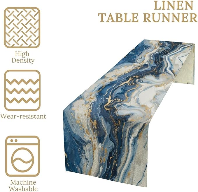 Marble Table Runner, Modern Luxury Foil Texture Blue White Gold Marble Printed Linen Table Runners for Kitchen Living Room Farmhouse Dining Room Party Home Decor 13" W x 36" L