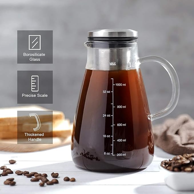 YMMIND Cold Brew Iced Coffee Maker 34oz, Brewed Coffee Pot with Removable Double Mesh 304 Stainless Steel Filter, BPA-Free Cold Brew Pitcher Glass Container, Tea Maker