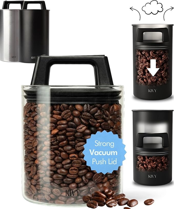 KIVY Vacuum Coffee Canister (Glass) - Push Lid Preserves Coffee Aroma & Oil - Stainless Steel Airtight Coffee Canister - Coffee Container for Ground Coffee & Coffee Bean Storage - Removes Excess Air