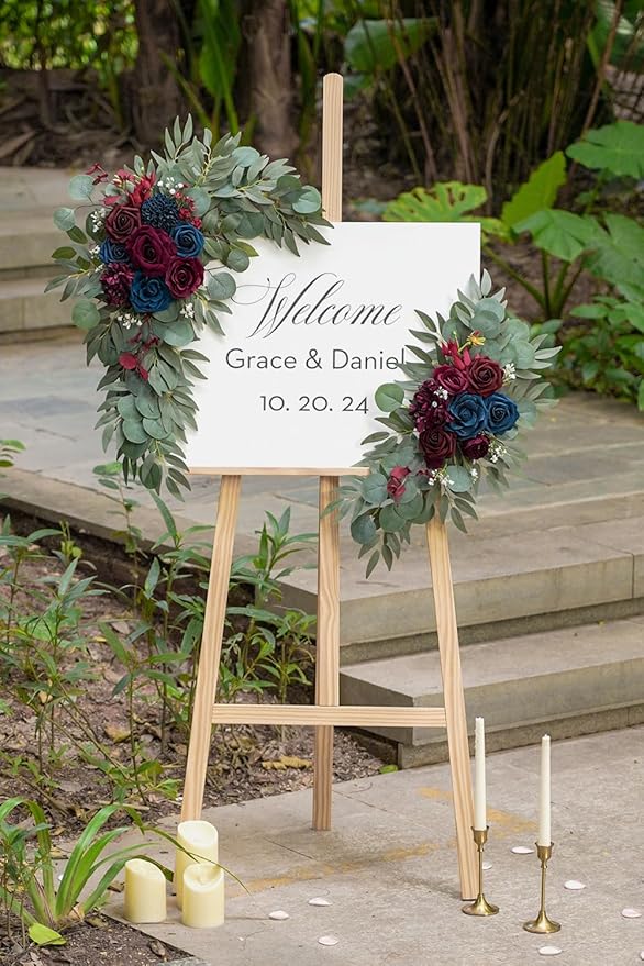 Olalaka Navy and Burgundy Flower for Wedding Welcome Signs Decorations, Artificial Burgundy Wedding Arch Flowers for Wedding Ceremony (Set of 2)