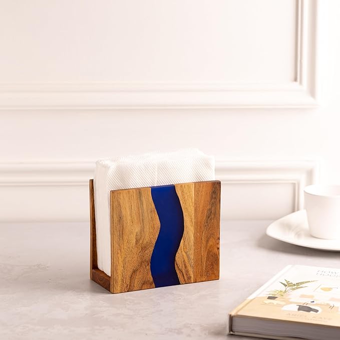 Acacia wood & Transparent Epoxy resin Napkin holder for table, Rustic farmhouse napkin organisation for kitchen, dining, counter tops, restaurant or outdoors | 6x5x2.5 inches| Blue