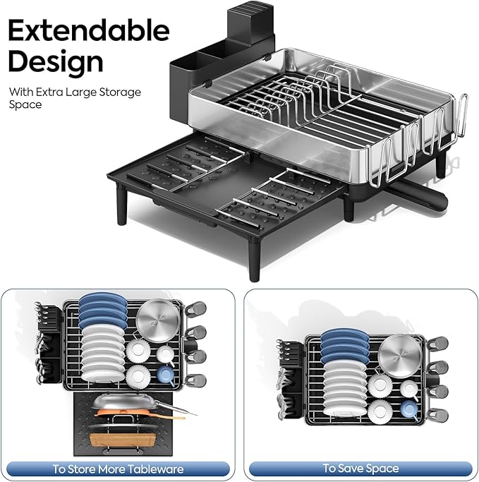 Urackify Dish Drying Rack for Kitchen Counter - Stainless Steel Dish Drainer with Drain Board, Removable Utensil Holder, Rust-Proof Plate, Non-Slip Feet, Large Capacity for 10 Plates 6 Bowls 4 Cups