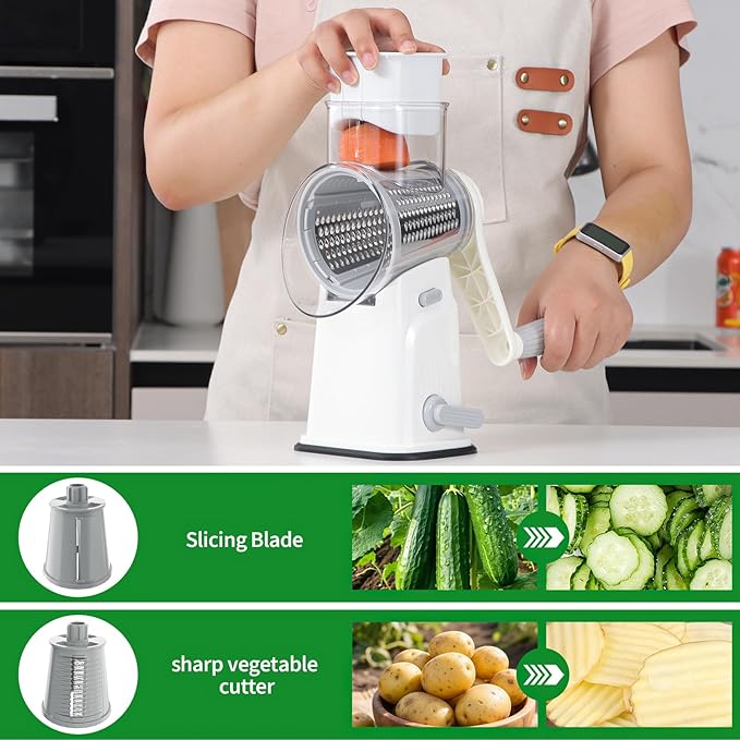 Ourokhome Rotary Cheese Grater Cheese Shredder with 5 Interchangeable Blades, Rotary Grater with Non-slip Suction Base Hand Crank Slicer for Vegetable Nuts White