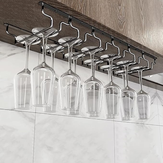 Black Wine Glass Rack - Under Cabinet Stemware Rack, Holds up to 14 Glasses, Hanging Stemware Holder, Stainless Steel Glasses Storage Hanger for Home Kitchen Bar