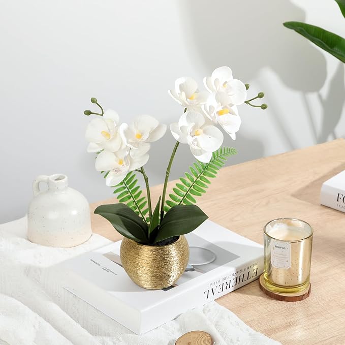 Briful Orchids Artificial Flowers 13'' Fake Orchid Flowers in Gold Ceramic Vase Silk Phalaenopsis White Orchid Flowers for Home Office Wedding Party Table Centerpiece Decor