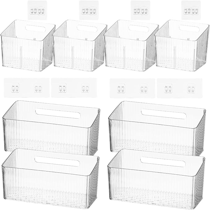 yeesport 8 PCS Cabinet Door Organizer Bins, Clear Plastic Wall Mount Hanging Storage Baskets with Adhesive Hooks, Bathroom Fridge Kitchen Pantry Under Sink Drawer Organizer with Drain Holes