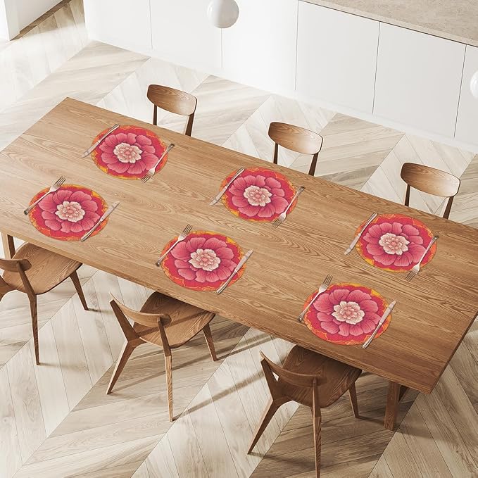 Round Placemats Set of 4, Pink Orange Flowers Woven Placemats Mats Non-Slip Heat Resistant Washable Table Mats Round Braided Place for Farmhouse Kitchen Dining Party Decor 15in
