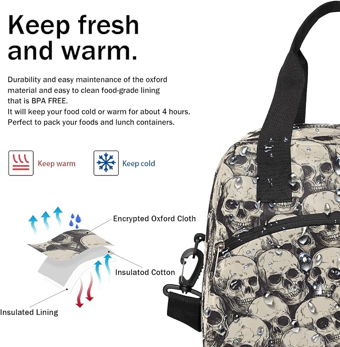 Halloween Skull Skeleton Insulated Lunch Bags for Women Girls Adult Ethnic Reusable Lunch Tote Therma Cooler Bag with Shoulder Strap Lunch Box for School Work Office Picnic Meal Prep Bag