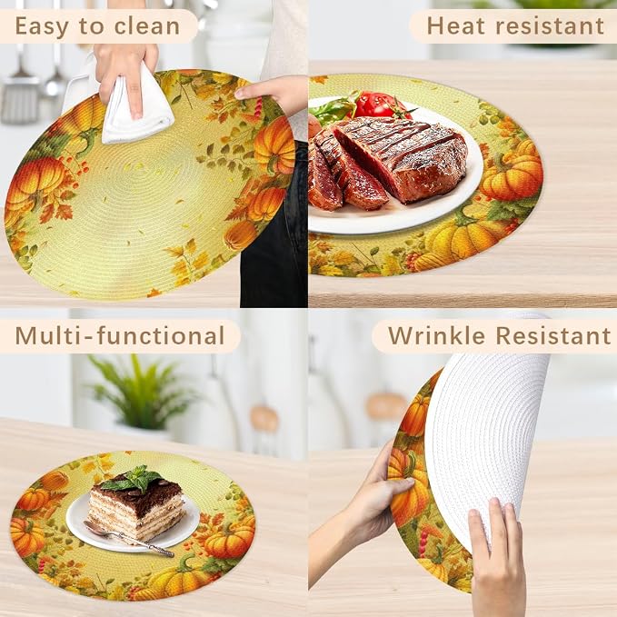 Round Placemats Set of 6, Autumn Pumpkin Maple Leaves Woven Placemats Mats Non-Slip Heat Resistant Washable Table Mats Round Braided Place for Farmhouse Kitchen Dining Party Decor 15in