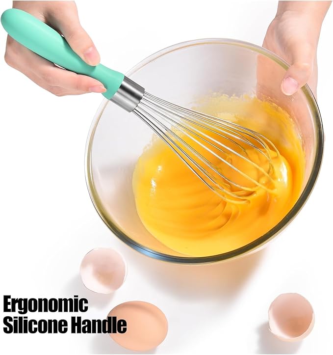18/8 Stainless Steel Balloon Whisk, Kitchen Whisk for Cooking Handheld Egg Beater with Rust-Proof Sturdy Wires & Non-Slip Silicone Handled(Aqua Sky,M)