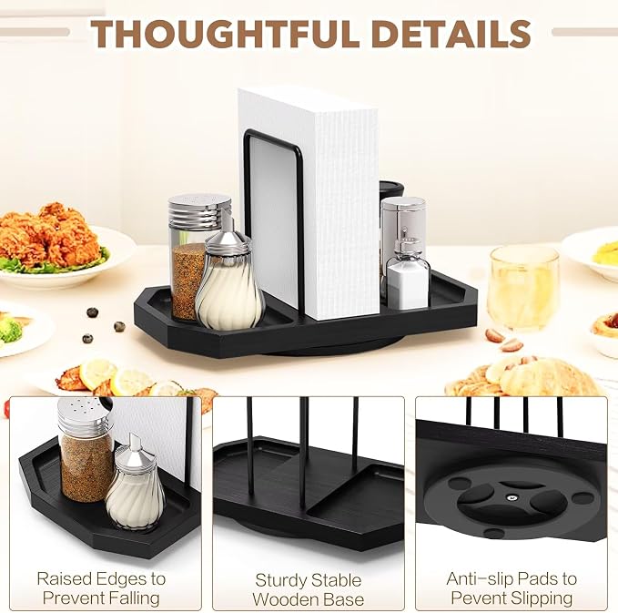 Napkin Holder for Table, Rotating Napkin Dispenser with Salt and Pepper Shakers Storage, Standing Paper Napkin Organizer for Kitchen Dining Table Decor (1, Black)