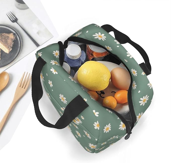 Lunch Bag Daisy Flower Green Insulated Lunch Box Reusable Cooler Tote for Adults Student Girl Boy Work Office School Picnic Over 3 Years Old