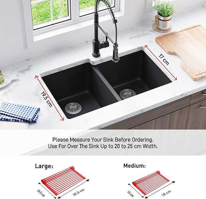Bellemain Over Sink Dish Drying Rack, Dish Drying Mat | Collapsible Dish Drying Rack for Kitchen Counter, Heat Resistant Stainless Steel & Silicone Drying Rack, Dish Drainer (Red, Medium)