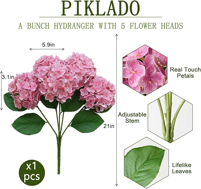 A Bunch 21in, Real Touch Pink Hydrangea Artificial Flowers,with 5pcs Flower Head 10pcs Leaves, Faux Hydrangea Flowers for Home Office Decor Wedding Party Arrangements (1, Pink)