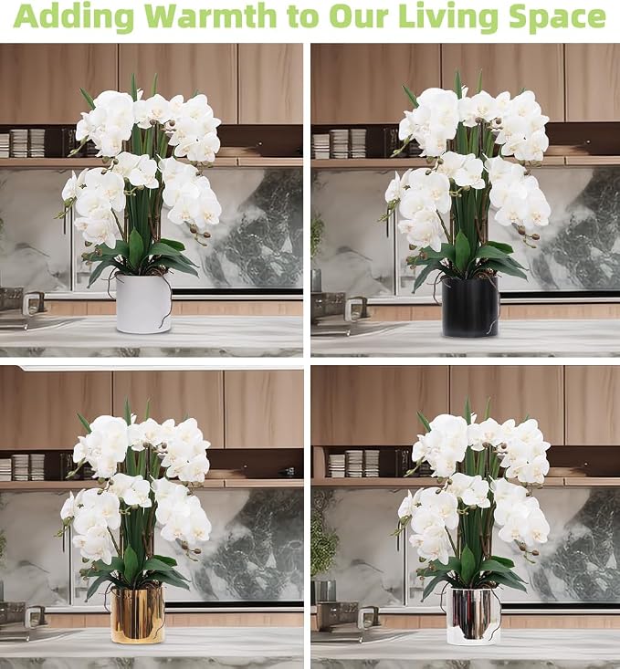 CXGS Artificial Orchid Flower Plants Real Touch Faux Orchids in Ceramic Vase 20.9'' White Phalaenopsis Orchid Fake Flower Arrangement Home Indoor Decor