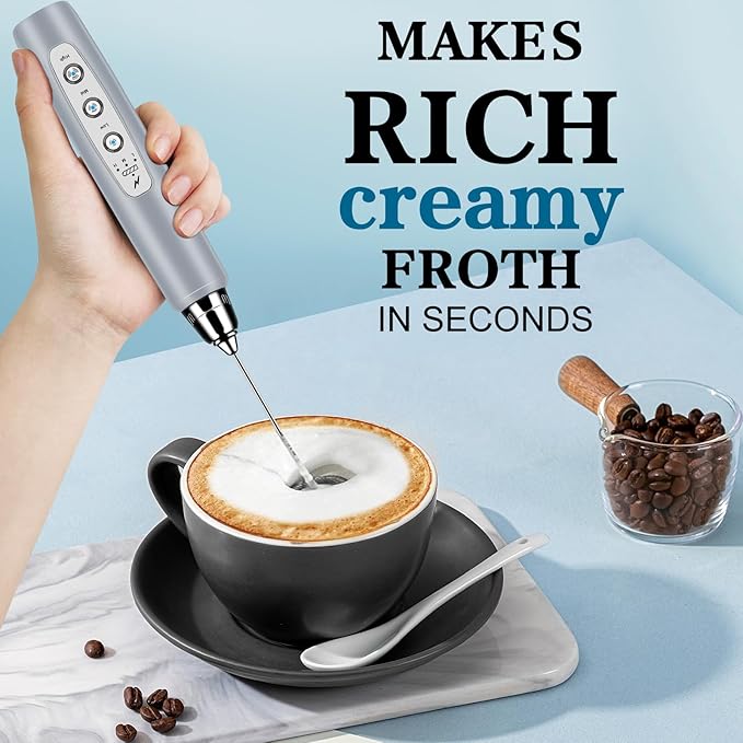 BSRGMS Milk Frother Handheld for Coffee, Electric Whisk 3 Speed Adjustable, Drink Mixer with Stainless 3 Whisks, Rechargeable Hand Frother Wand, Foam Maker for Latte Cappuccino Hot Chocolate Egg