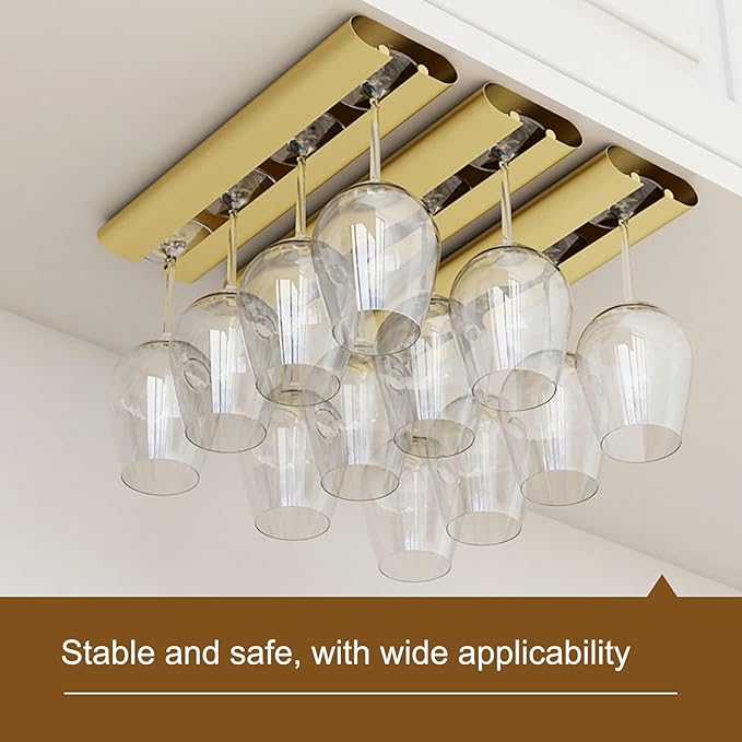 Wine Glass Holder, Under Cabinet Wine Glass Rack, Iron Wine Glass Rack, Hanging Stemware Rack Organizer Hanger, Complete Your Home Bar & Kitchen Storage(Gold,30 * 10 * 3cm/12 * 4 * 1in)