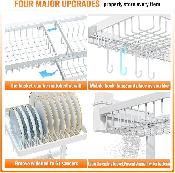 PurKeep 4 Baskets Over The Sink Dish Drying Rack, Extendable Large Capacity Sink Rack, Metal Drying Rack Saving Space