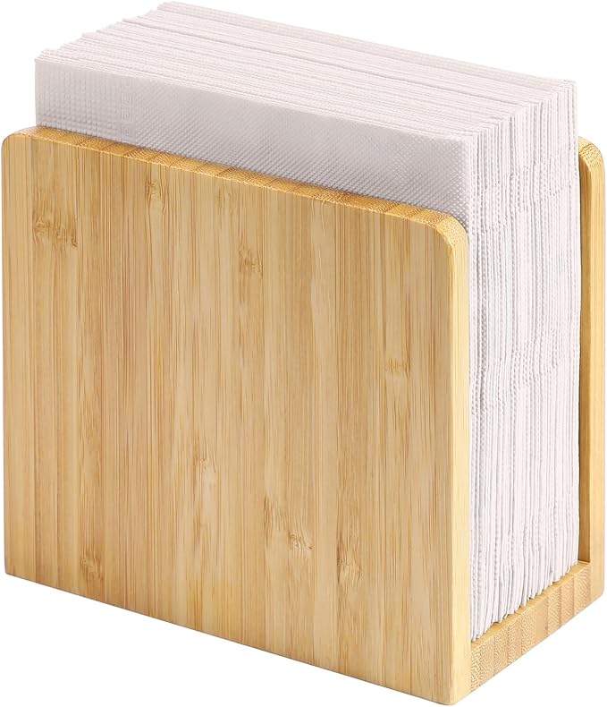 MaxGear Bamboo Napkin Holder for Tables, Wooden Freestanding Tabletop Tissue Dispenser for Kitchen, Dining Room, Party, Outdoor, Holds 5.5x5.5 or Larger Napkins for Home, Restaurant, Hotel, 1 Pack