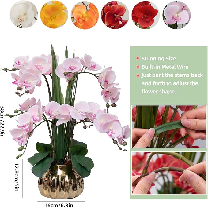 CXGS Artificial Orchid Flower Real Touch Faux Orchids in Ceramic Vase Large 22.9'' Fake Flowers Pink Phalaenopsis Floral for Home Indoor Decor