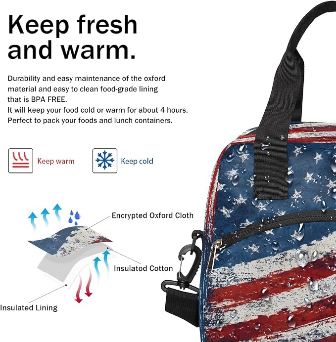 Pardick Vintage American Flag Insulated Lunch Bag for Women Leakproof Lunch Box Large Cooler Thermal Tote Bag with Shoulder Strap Meal Prep Bags for Work School Office Picnic Teen Girls Adult