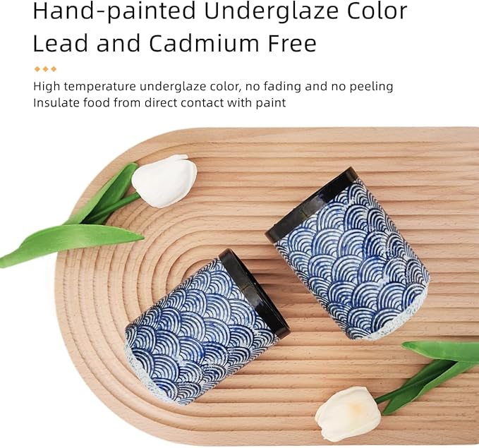 Japanese Ceramic Cup 10 oz No Handle Coffee Mug Teacups Set of 2 for All Kinds of Coffee and Drinks (Blue)