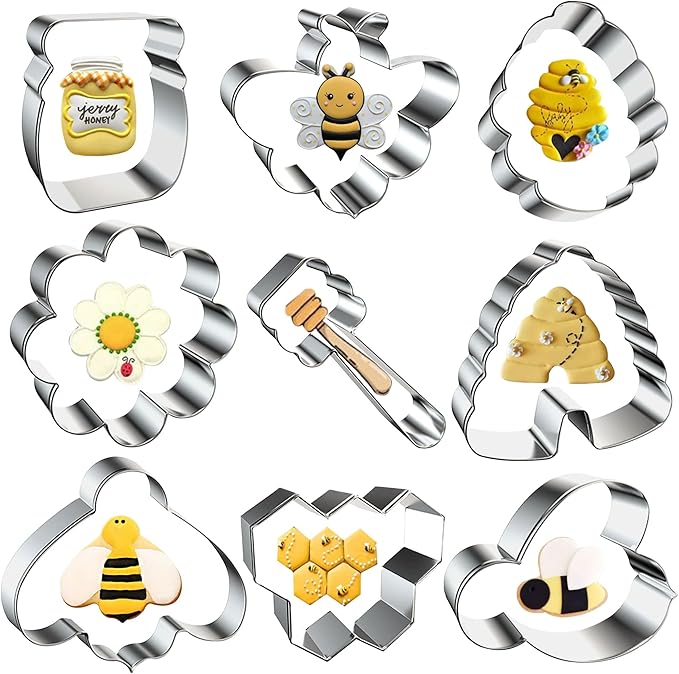 9 PCS Bee Cookie Cutters Set, Stainless Steel Honeycomb Honey Jar Flower Shaped Cookie Cutter Honeybee Biscuit Cutters Molds Baking Molds for DIY Crafts Spring Bee Party Homemade Treats Baking