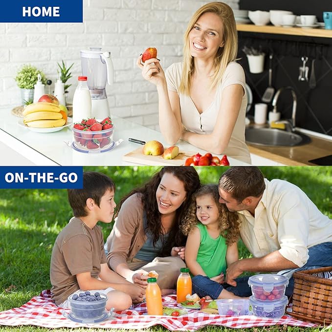 KIGI Round Food Storage Containers with Airtight Lids, Leak Proof Plastic Bowls for Lunch, Meal Prep, Fruit and Salad, 4-Sided Locking Lid, BPA-Free, 6 Piece Set, 1.25 Cup / 2.5 Cup / 4.3 Cup