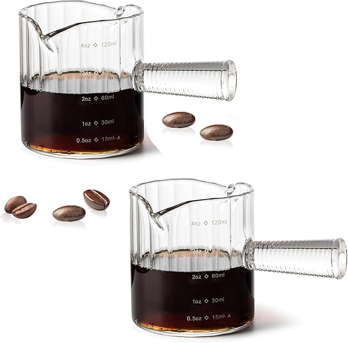 Glass Espresso Shot Measuring Cup Set, Clear, Double Spout Design with Glass Handle for Dishwasher Safe, 4 oz Capacity, 2 Pack, Coffee Bar Accessories (Clear)