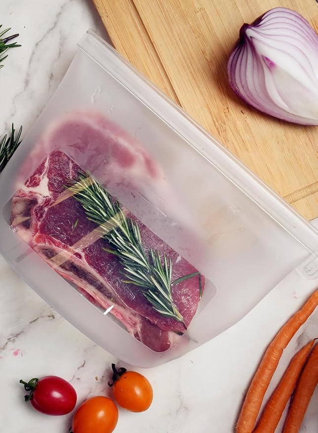 Reusable Silicone Food Storage Bags (Set of 4), Dishwasher Oven Microwave Freezer Safe, Eco-Friendly Leakproof Sous Vide Bags, Premium Lunch Containers, 1 Snack 2 Sandwich 1 Half Gallon, Clear