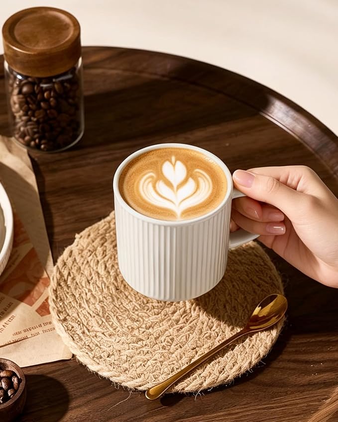 famiware Coffee Mug Set for 4, Star 12 oz Catering Mugs Cup Set with Handle for Coffee, Tea, Cocoa, Milk- Ceramic Stoneware Drinkware Set, Oat