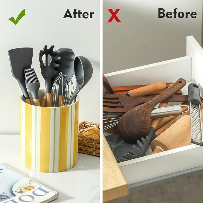 7" Hand-Drawn Lines Utensil Holder, Large Kitchen Utensil Holder Organizer ,Stable Utensil Crock Spatula Holder for Kitchen Counter Countertop Farmhouse Cooking Tools Holder