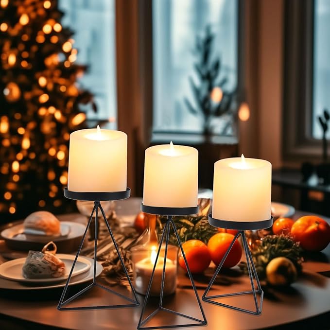 3 PCS Geometric Candle Holders for Pillar Candles Black Metal Pillar Candle Holder Vintage Candle Stands Table Centerpiece for Wedding Christmas Home Decoration