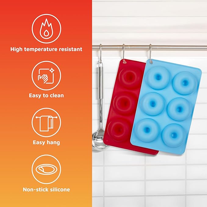 HOTPOP Silicone Donut Molds for Baking – Set of 2 Nonstick Pans (Red, Blue), Makes 12 Donuts – Flexible, Reusable, Dishwasher Safe Molds for Oven – Perfect Donut Mold for Baking Sheets