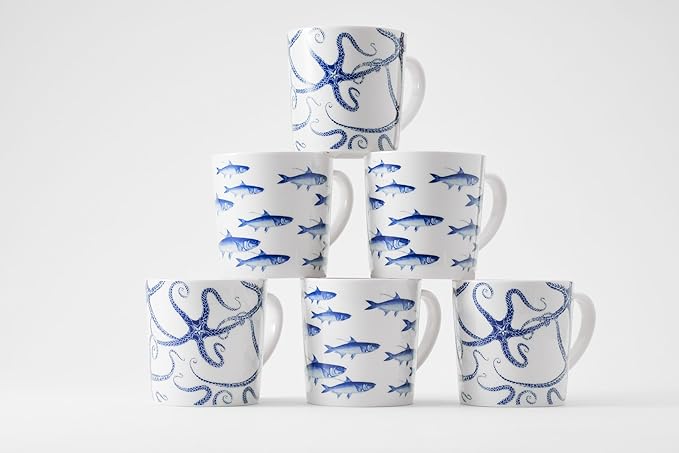 Caskata Starfish Oversized Mugs Set of 4 | High-Design Premium Lead-Free Porcelain Blue Mug Set for Entertaining or Everyday | Unique Party Mugs for Wedding or Birthdays | 14 oz